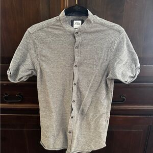 Zara Gray Casual Button Down Shirt with Mandarin Collar